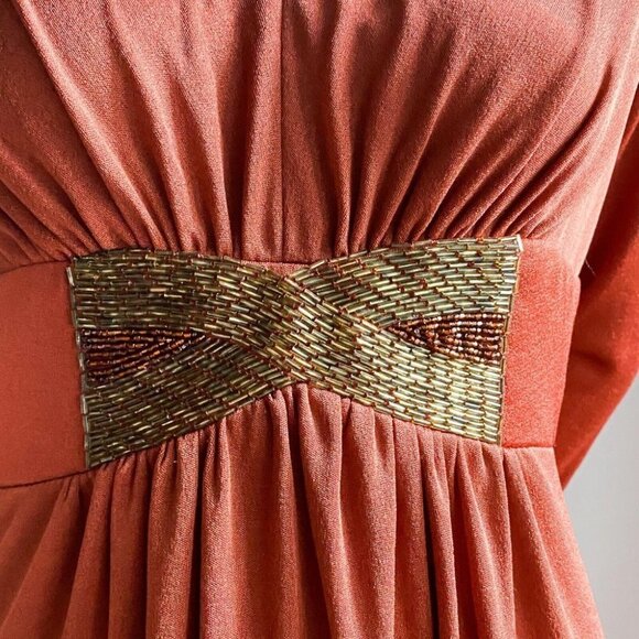 Vintage Copper Brown Slinky Polyester Beaded Empire Waist Elegant Maxi Dress - Picture 3 of 5